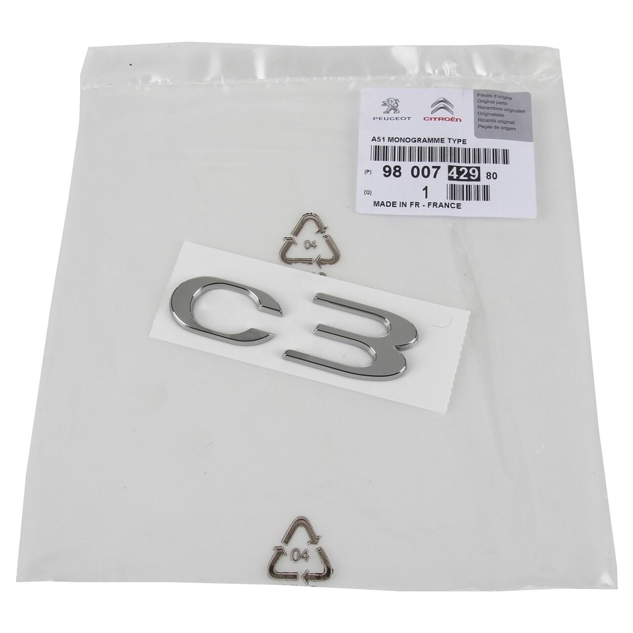 Citroen C3 A51 C3 Yazısı Orijinal 9800742980