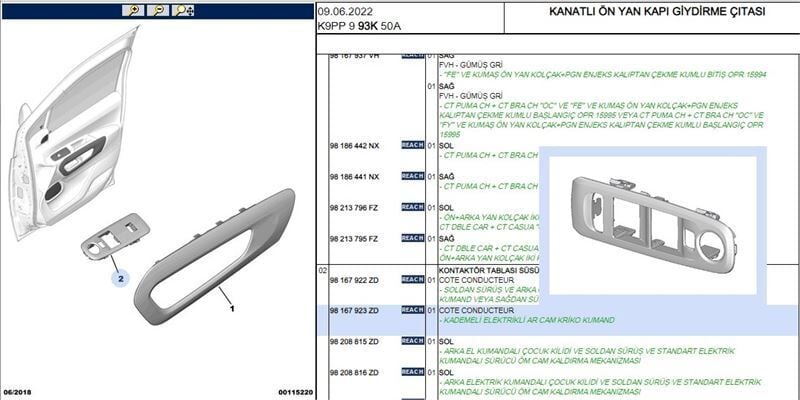 Peugeot Rifter Sol Cam Düğme Çerçevesi PSA Orijinal 98167923ZD